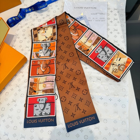 Louis Vuitton. Accessories - Louis Vuitton Orange & Brown Silk Twilly Scarf - Women Accessories